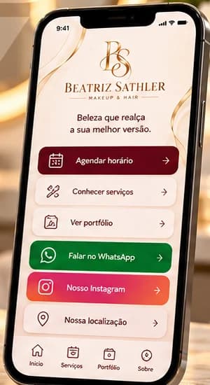 Página da Beatriz Sathler no celular com agendar horário, serviços e portfólio