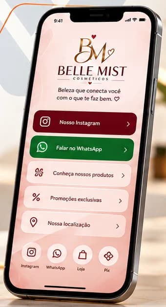 Página digital da Belle Mist no celular com botões para Instagram, WhatsApp, produtos e localização
