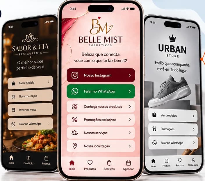 Três celulares com páginas digitais de exemplo para restaurante, cosméticos e loja